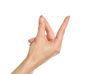 Woman snapping her fingers on white background, closeup. Bad habit