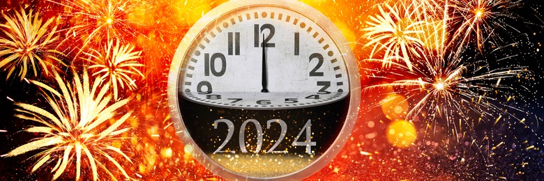 New 2024 Year greeting card with clock and fireworks, banner design
