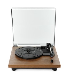 Photo of Modern vinyl record turntable isolated on white