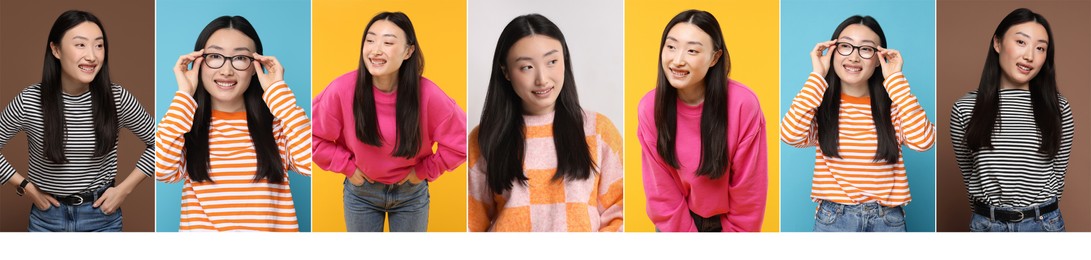 Collage with photos of Asian woman on different color backgrounds