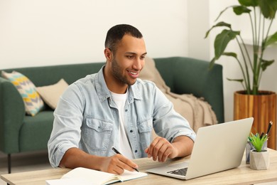 Photo of African American man working on laptop at wooden table in room