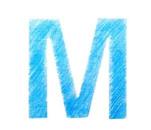 Letter M written with blue pencil on white background, top view