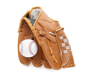 Photo of Leather baseball glove with ball on white background, top view