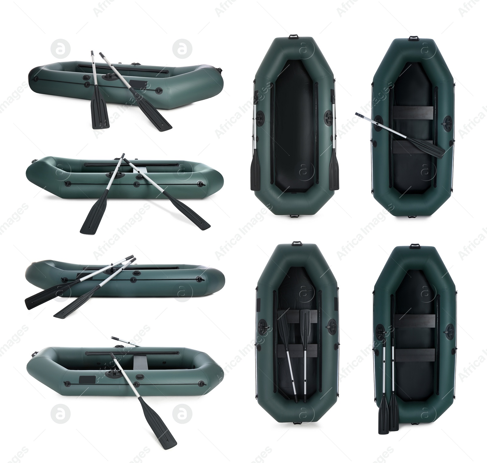 Image of Set with inflatable rubber fishing boats on white background 