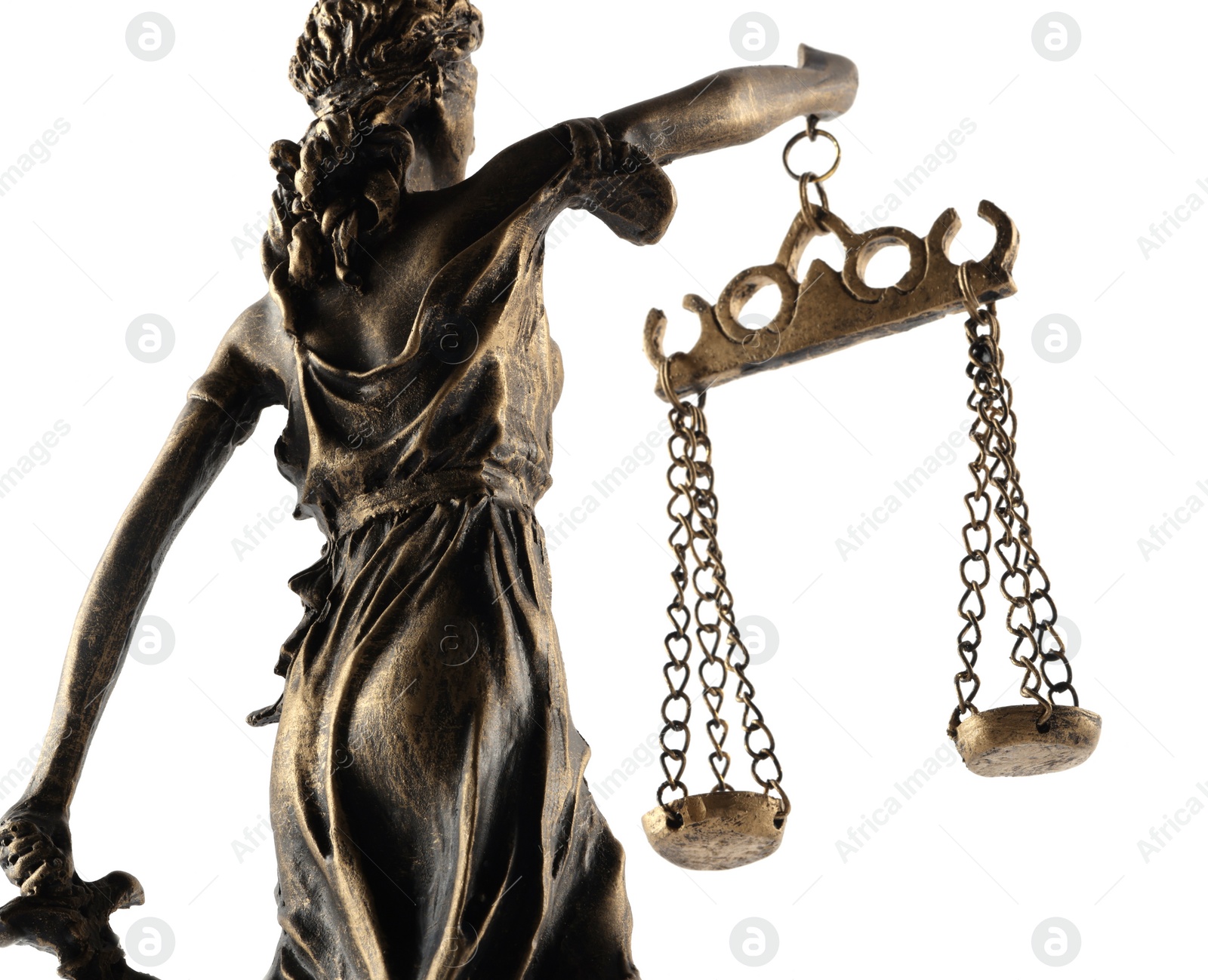 Photo of Statue of Lady Justice isolated on white, back view. Symbol of fair treatment under law