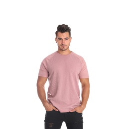 Photo of Young man in t-shirt on white background. Mockup for design