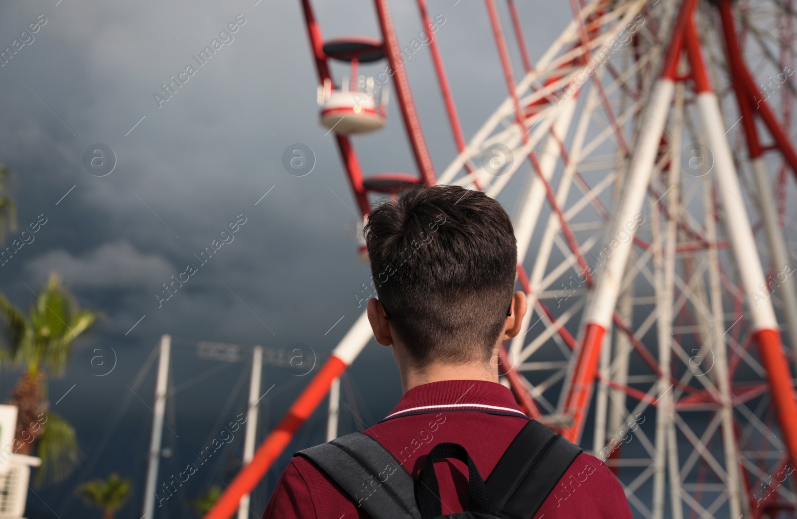 Photo of Teenage boy near large Ferris wheel outdoors, back view. Space for text