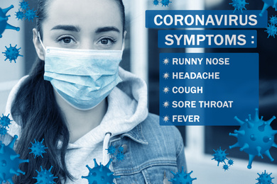 Woman with medical mask outdoors and list of coronavirus symptoms