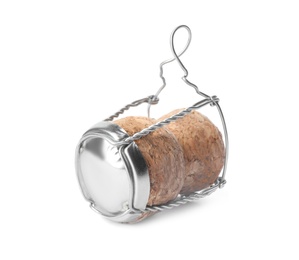 Champagne cork with wire cage isolated on white