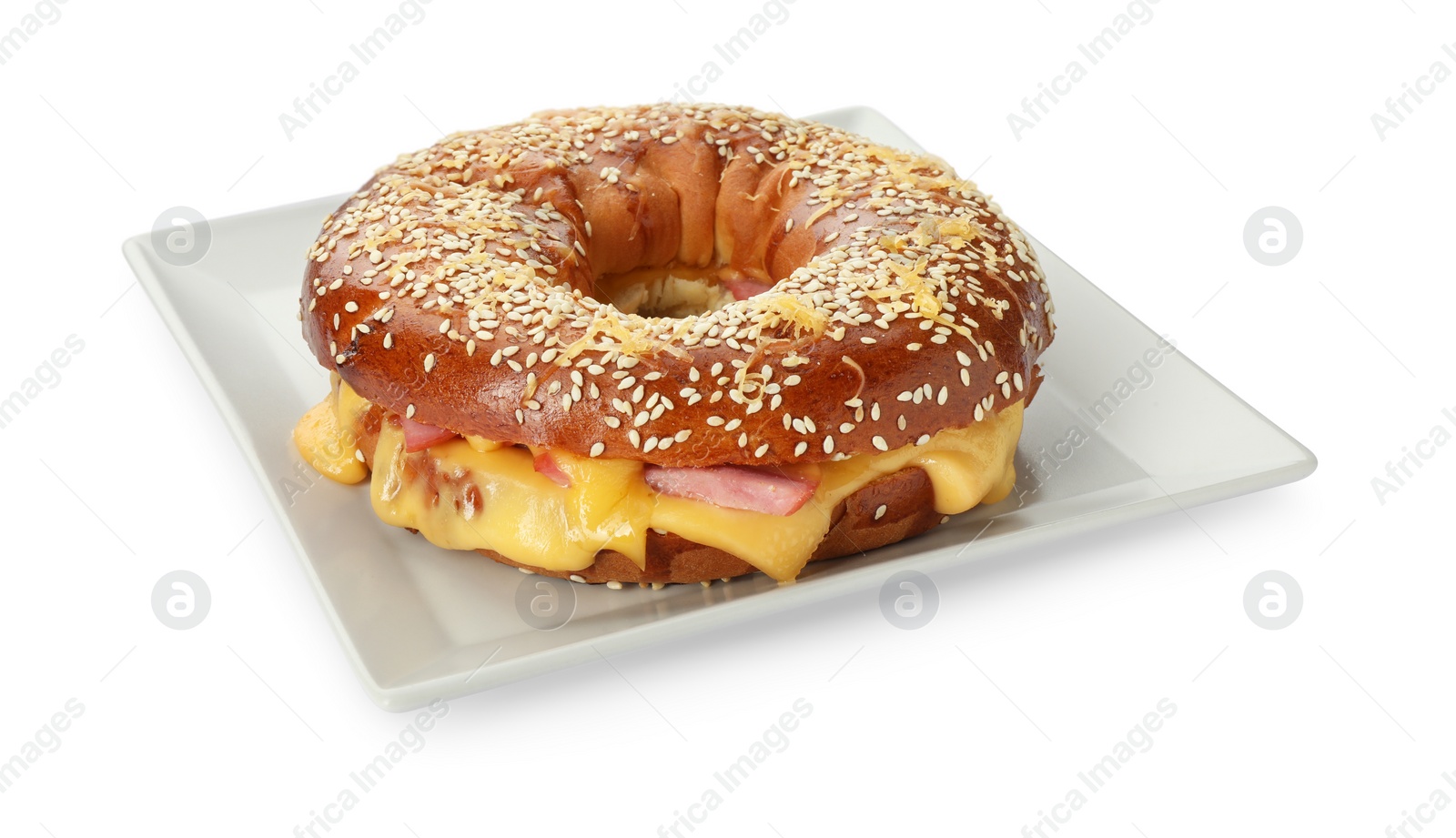 Photo of Delicious bagel with ham and cheese isolated on white