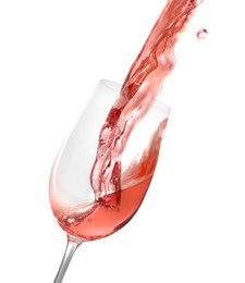 Image of Pouring delicious rose wine into glass on white background