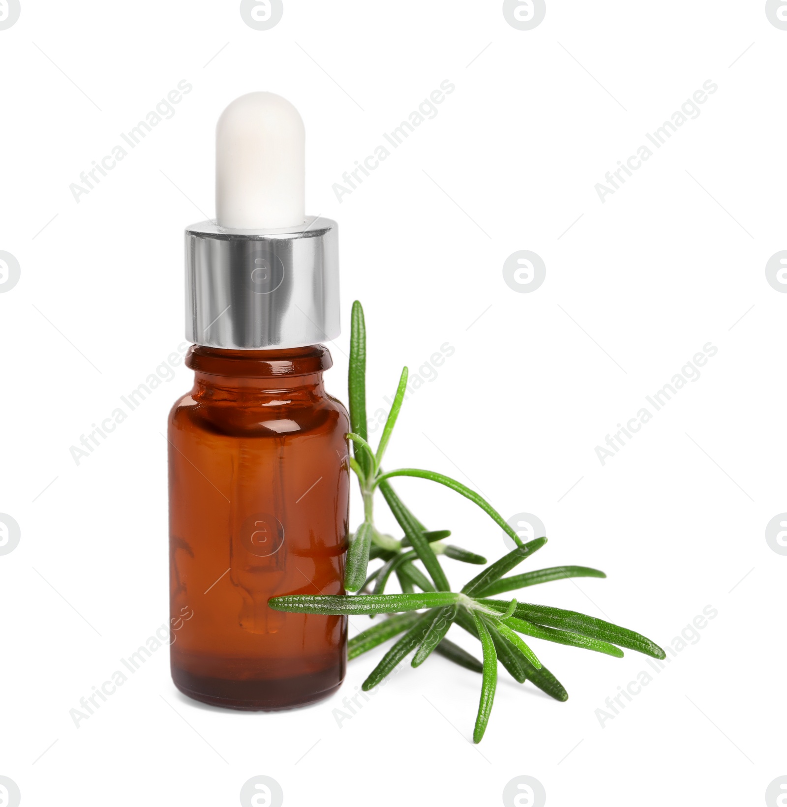 Photo of Sprig of fresh rosemary and essential oil on white background