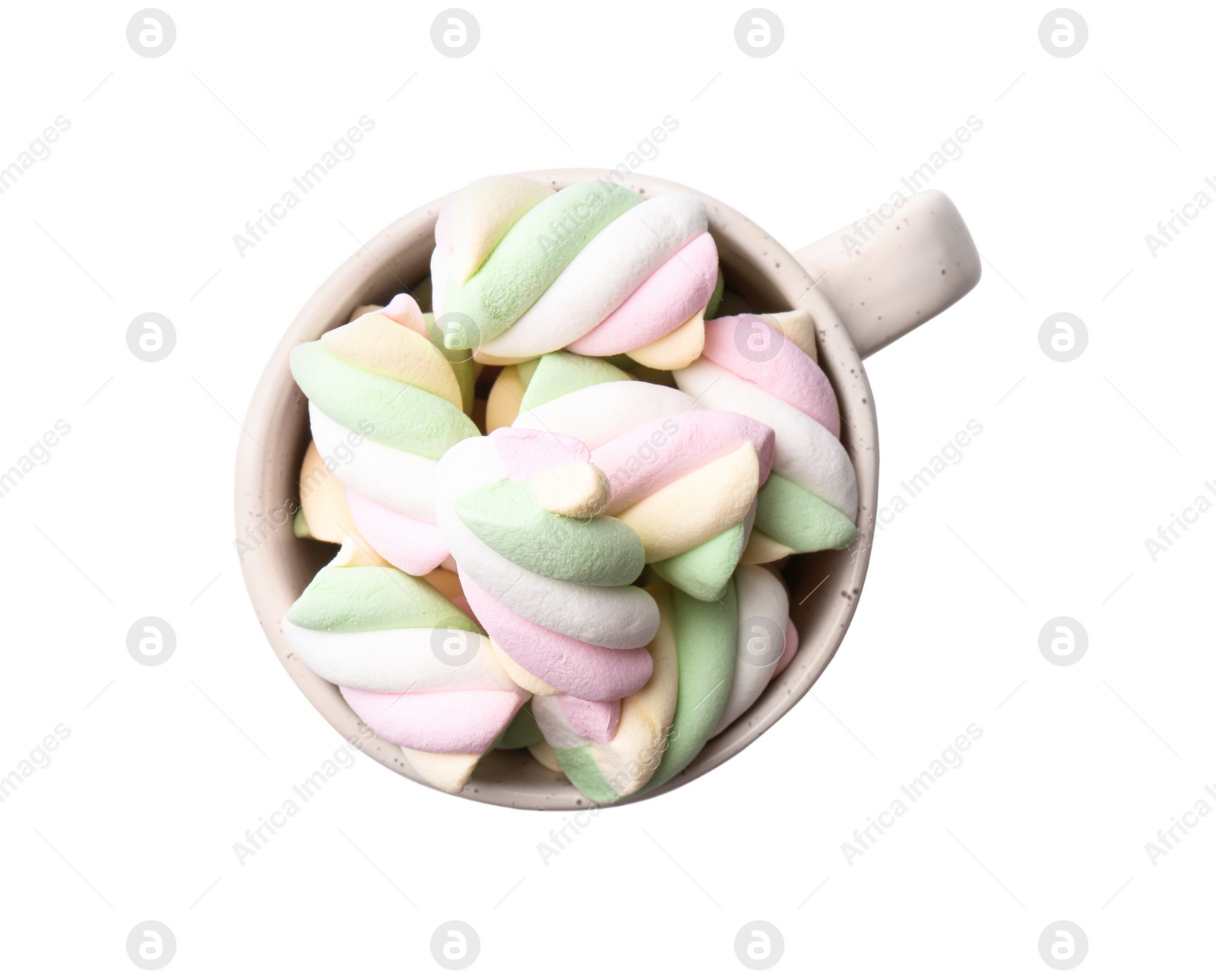 Photo of Delicious colorful marshmallows in cup isolated on white, top view