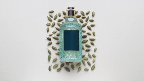 Bottle of perfume surrounded by cardamom on white background, top view