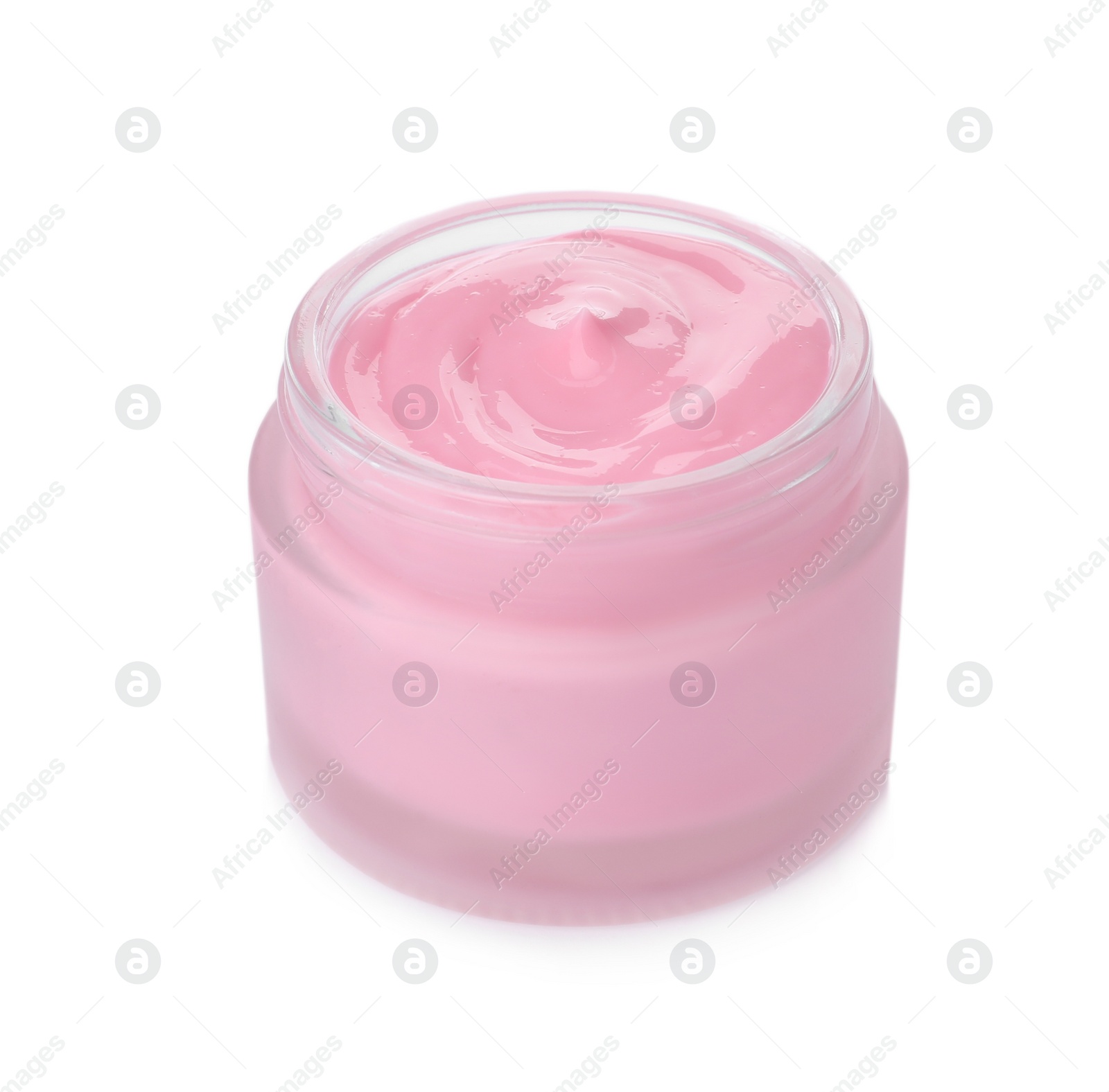 Photo of Glass jar with natural pomegranate facial mask isolated on white