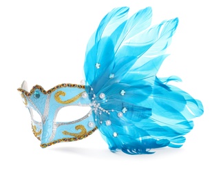Beautiful light blue carnival mask with feathers isolated on white