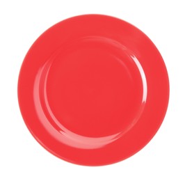 Photo of New clean red plate isolated on white, top view