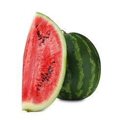 Photo of Whole and cut delicious ripe watermelon isolated on white