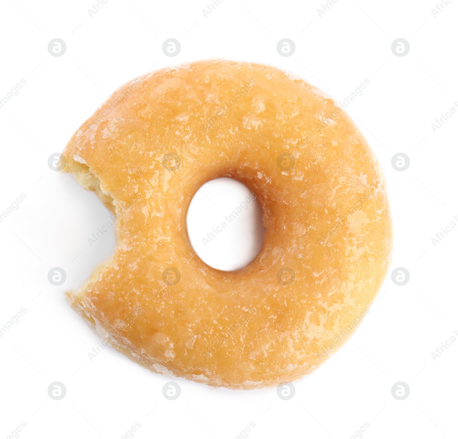 Photo of Sweet delicious glazed donut isolated on white, top view