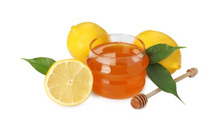 Photo of Sweet honey and fresh lemons isolated on white