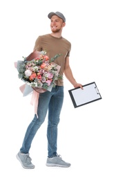 Delivery man with beautiful flower bouquet isolated on white