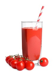 Photo of Glass of tasty tomato smoothie and fresh vegetables on white background