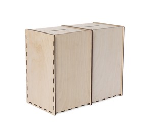 Photo of Wooden ballot boxes isolated on white. Election time