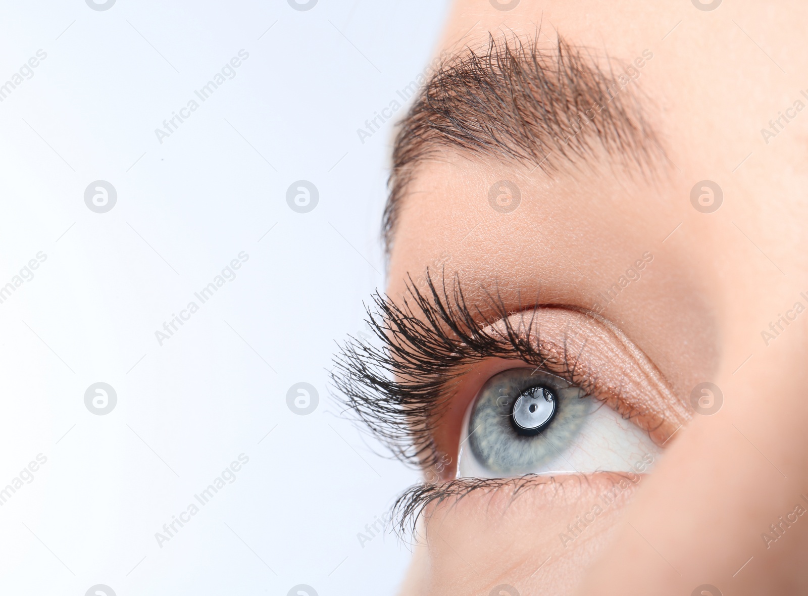 Photo of Young woman with beautiful natural eyelashes on light background, closeup. Space for text