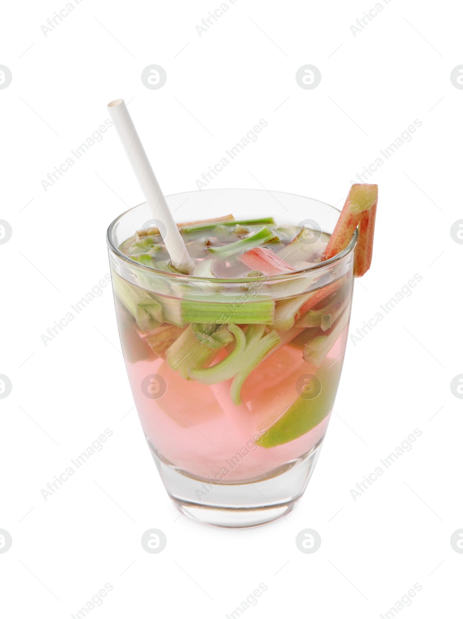 Photo of Glass of tasty rhubarb cocktail isolated on white