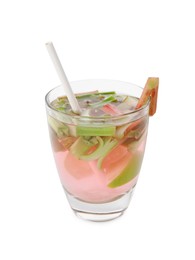 Photo of Glass of tasty rhubarb cocktail isolated on white
