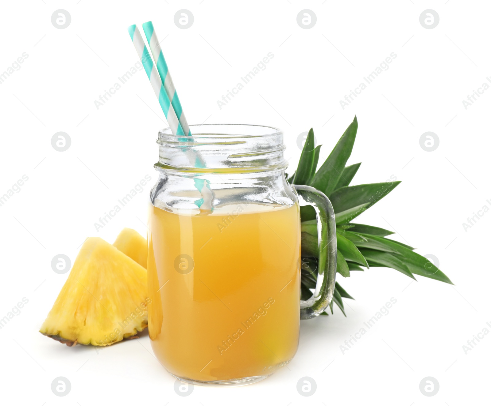 Photo of Mason jar with delicious pineapple juice on white background