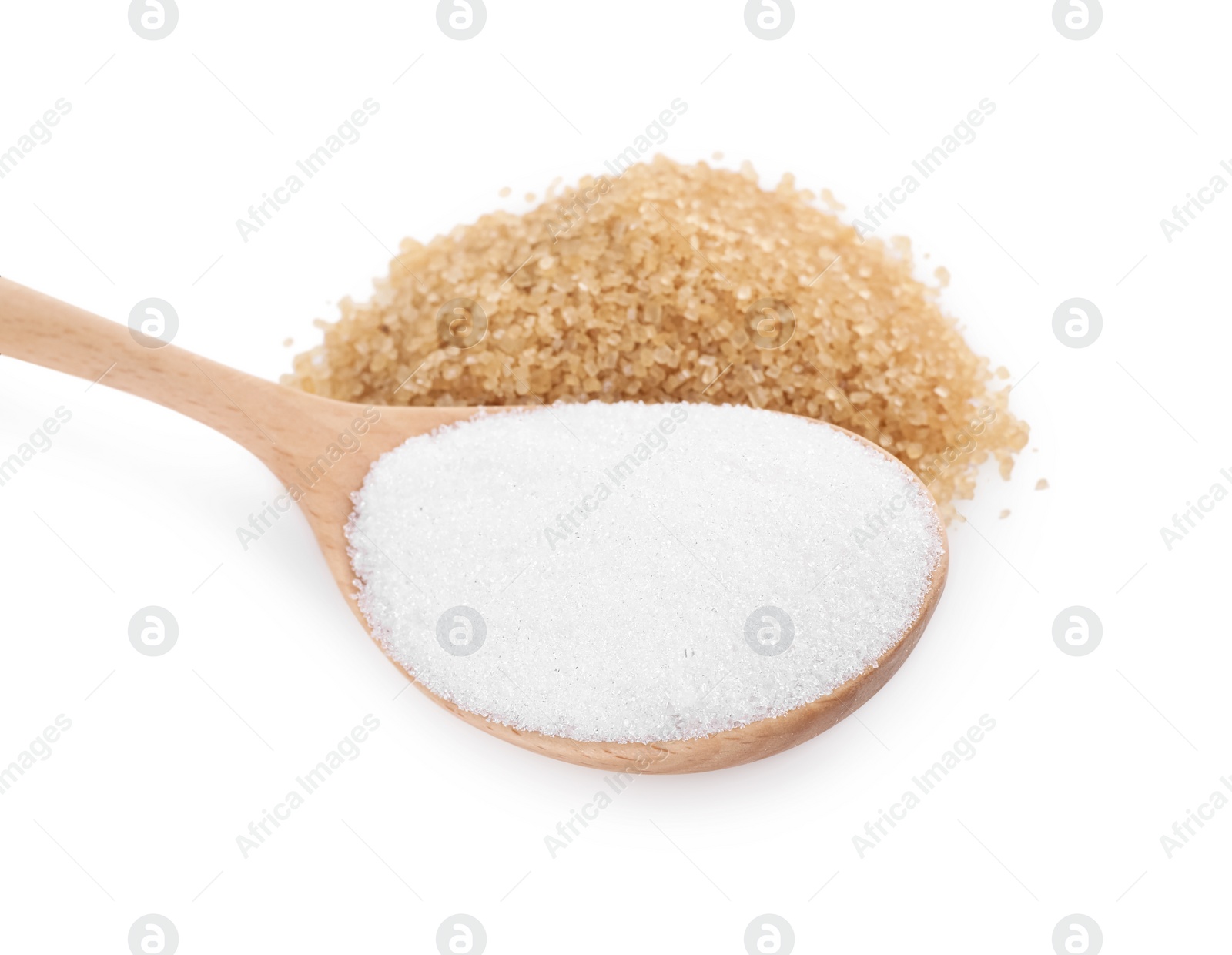 Photo of Different types of sugar and spoon isolated on white