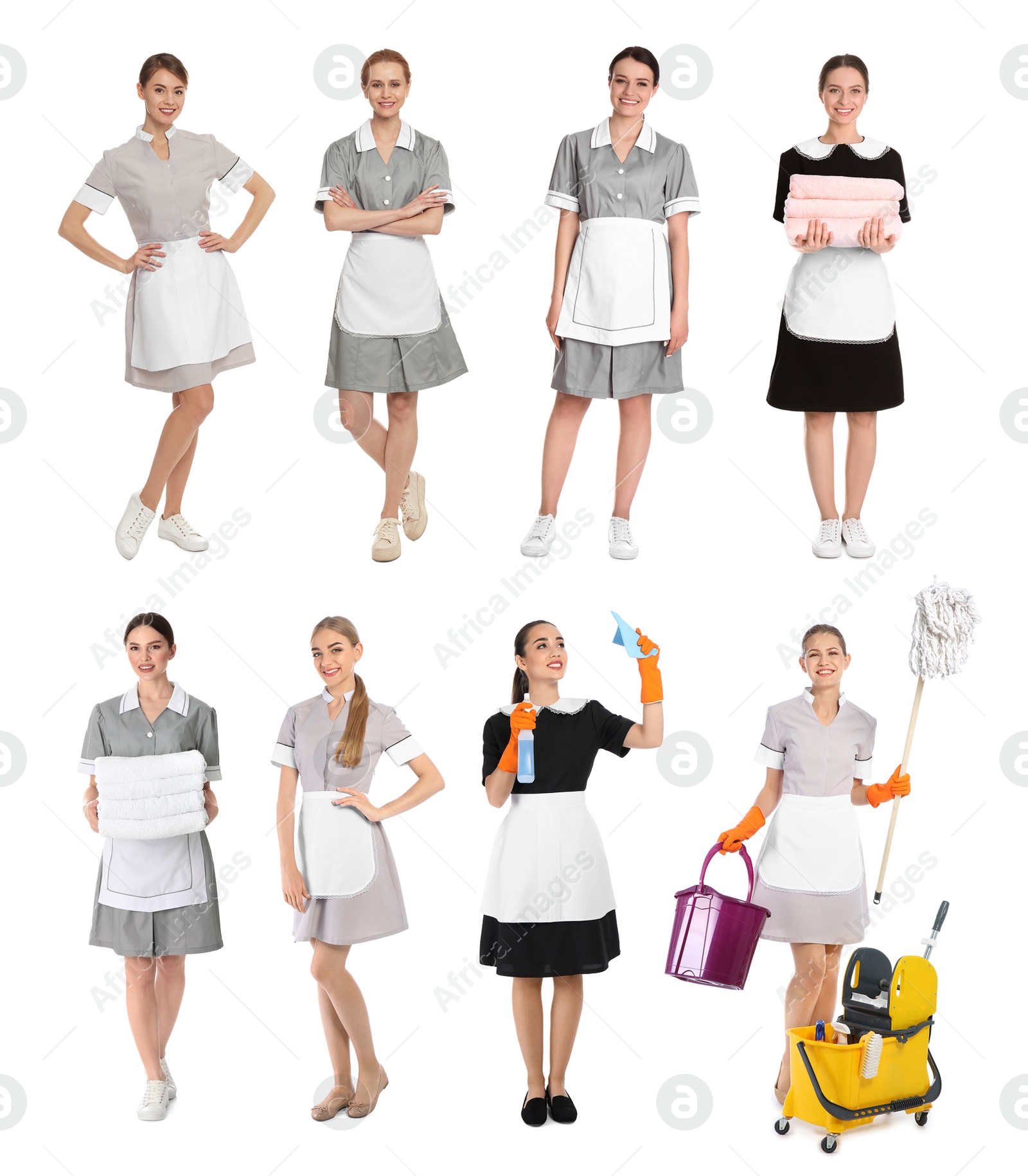 Image of Collage with photos of chambermaids on white background