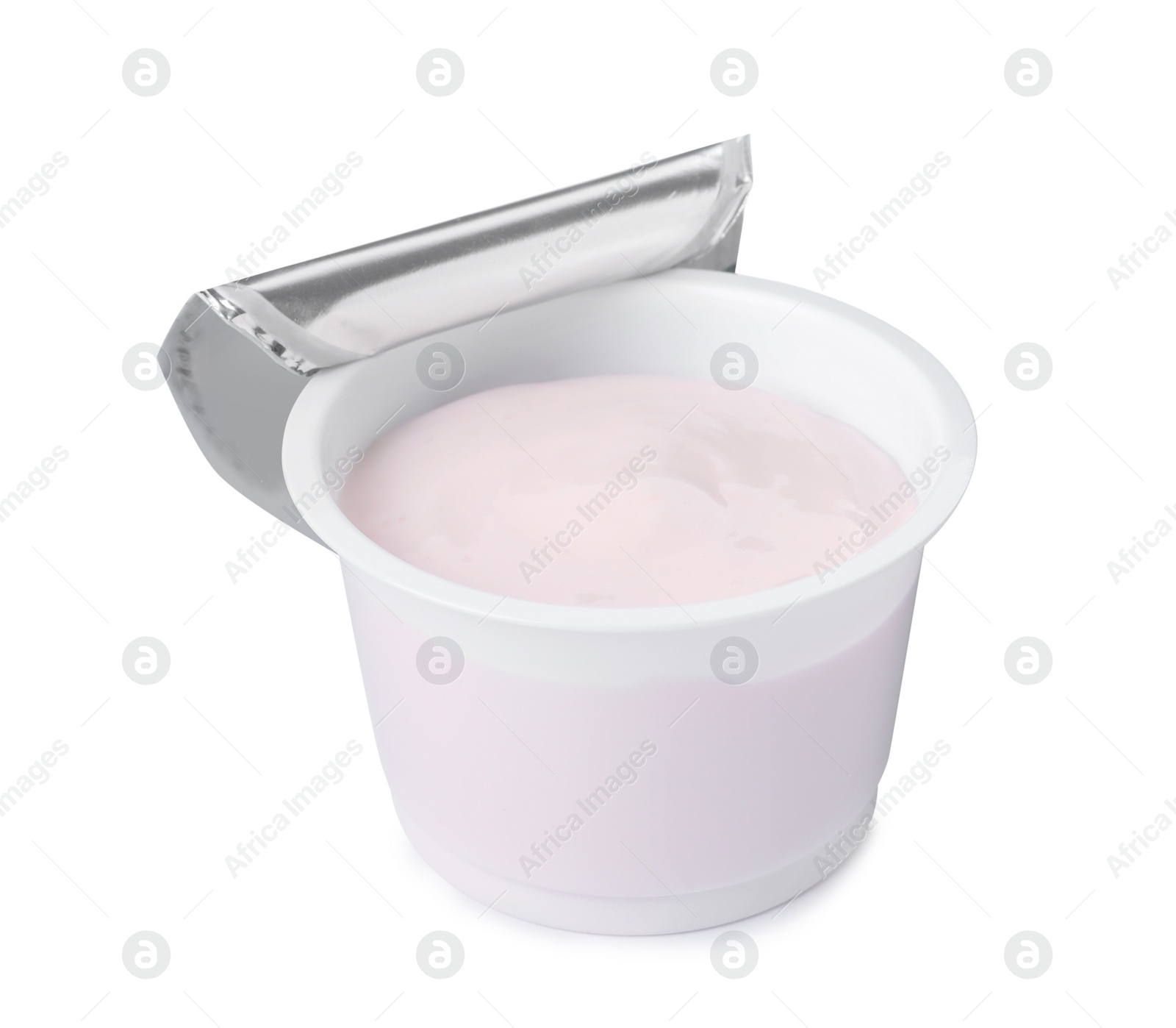 Photo of Plastic cup with delicious organic yogurt isolated on white