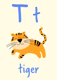 Illustration of Learning English alphabet. Card with letter T and tiger, illustration