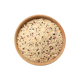 Raw quinoa seeds in bowl isolated on white, top view