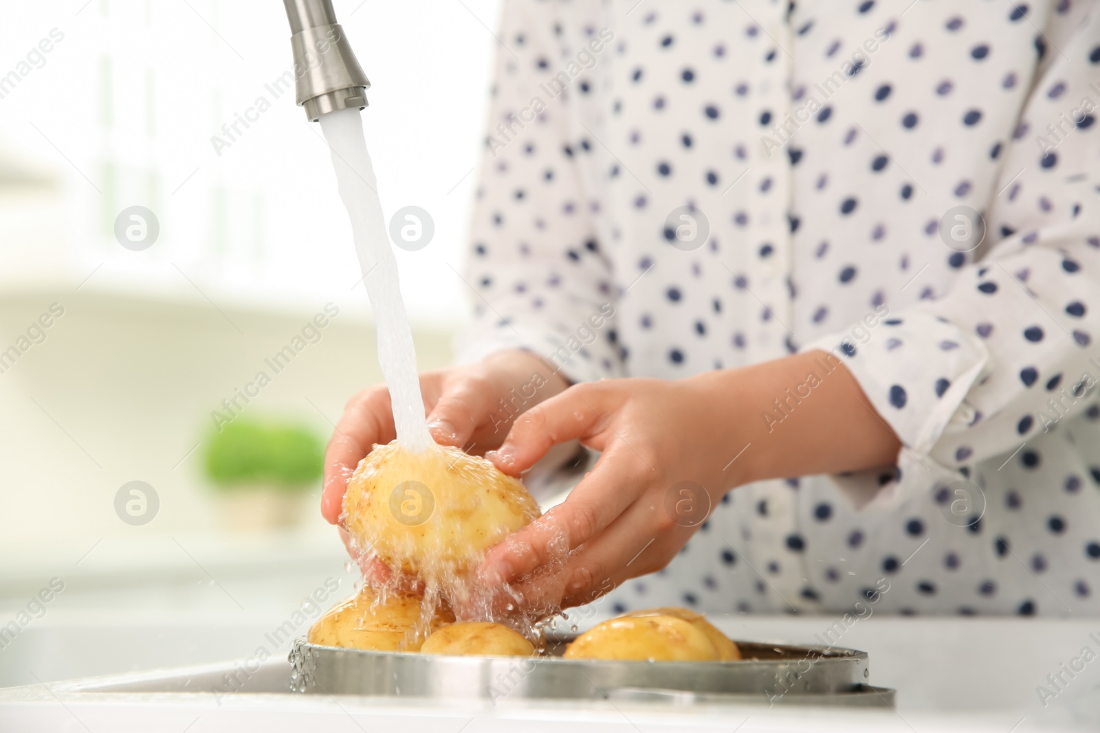 Photo of Woman washing fresh potatoes in kitchen sink, closeup