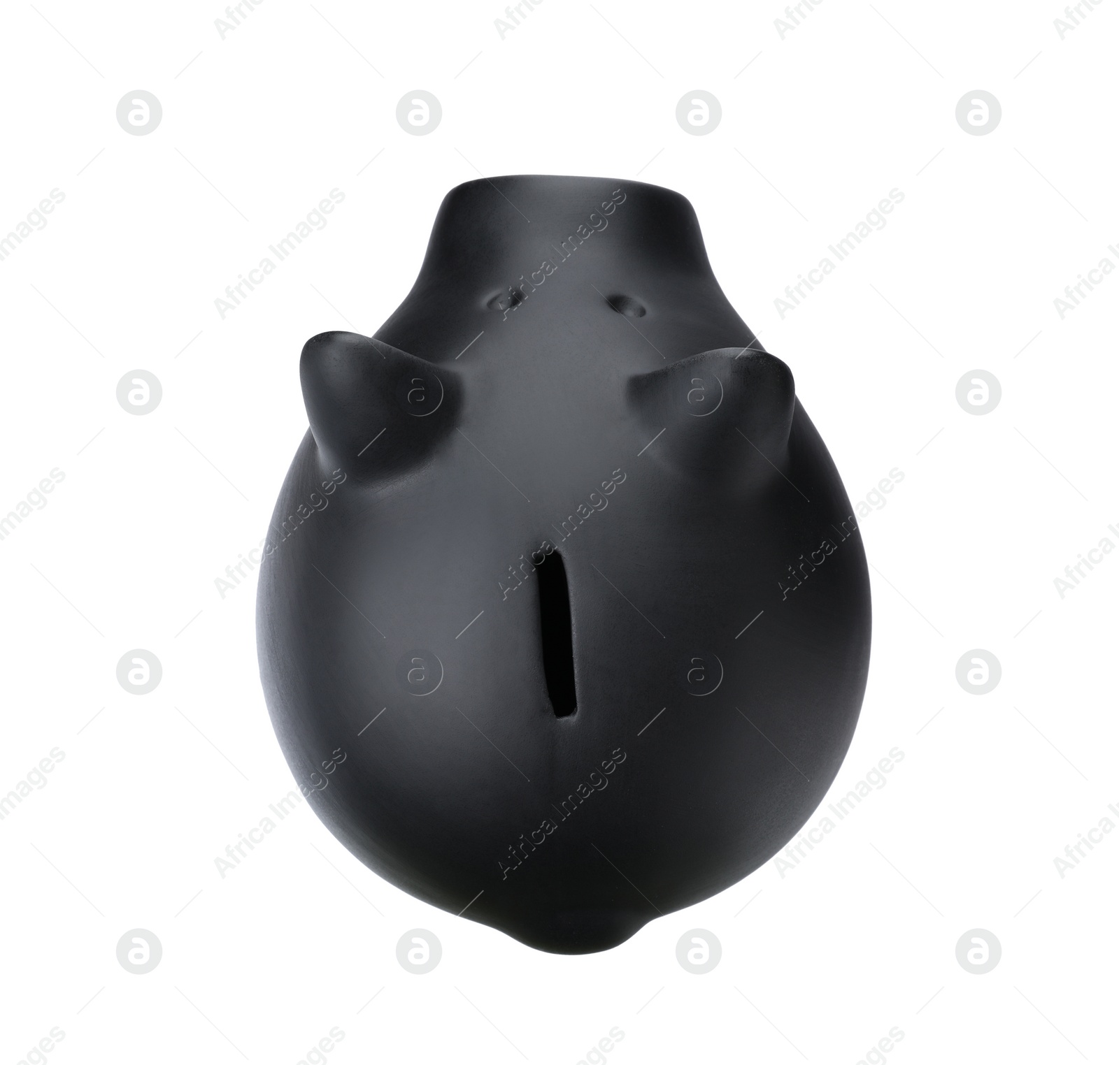 Photo of Black piggy bank on white background, top view. Money saving