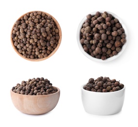 Image of Collage with allspice pepper in bowls on white background