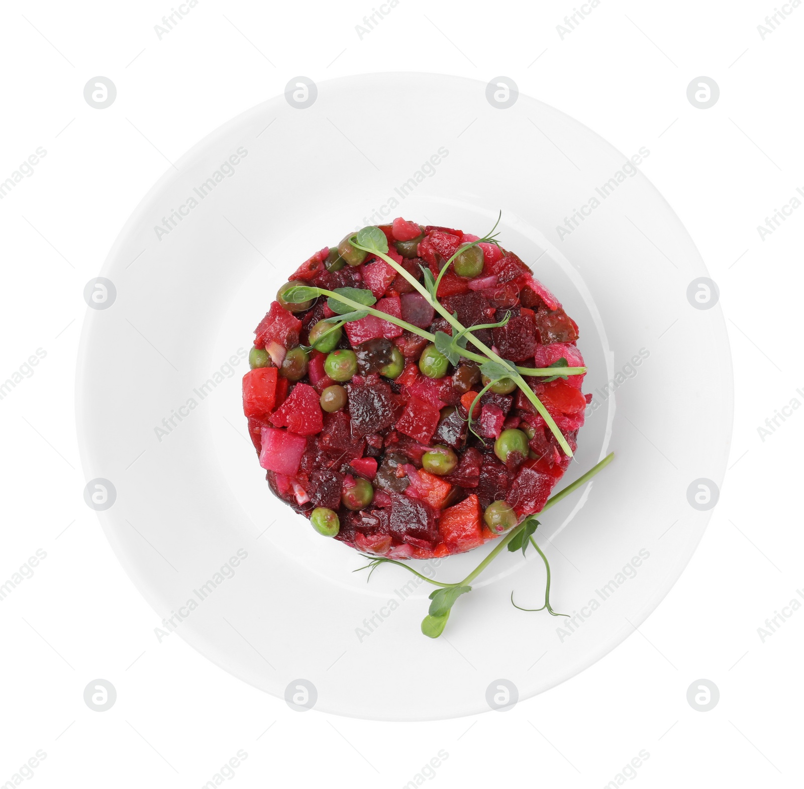 Photo of Delicious vinaigrette salad isolated on white, top view