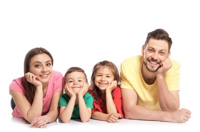 Happy family with cute children on white background