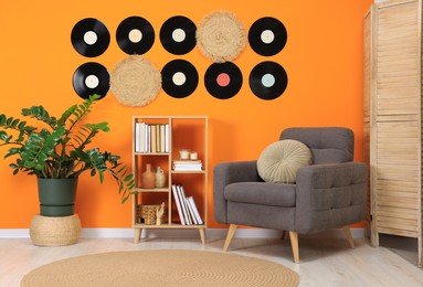 Living room interior decorated with vinyl records