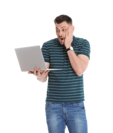 Photo of Emotional man with laptop on white background