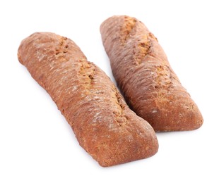 Tasty rye baguettes on white background. Fresh bread