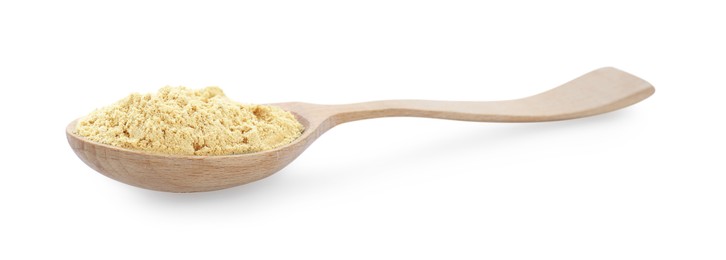 Photo of Wooden spoon with aromatic mustard powder on white background