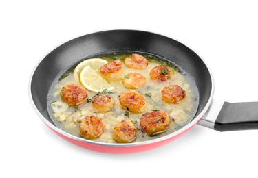 Photo of Delicious scallops with sauce in frying pan isolated on white