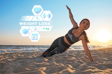 Image of Weight loss concept.Young girl with slim body doing yoga on beach