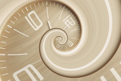 Image of Infinity and other time related concepts. Wooden clock face twisted in spiral, fractal pattern