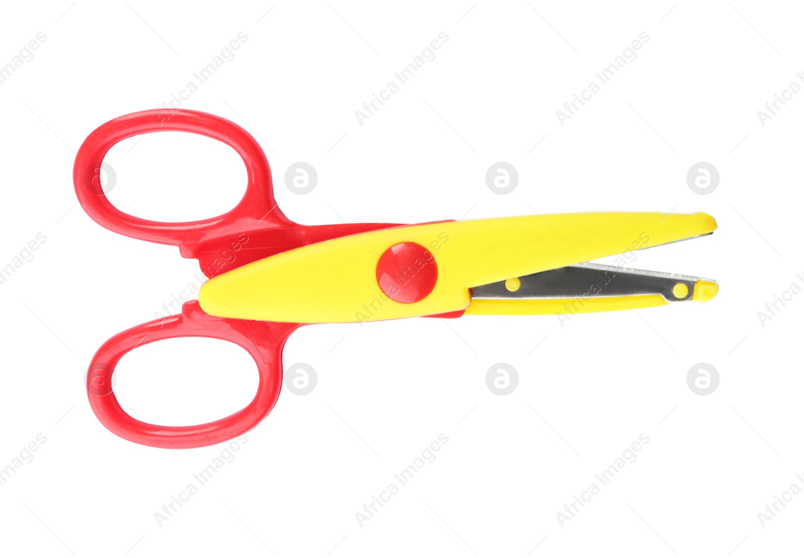 Photo of Pair of plastic scissors on white background