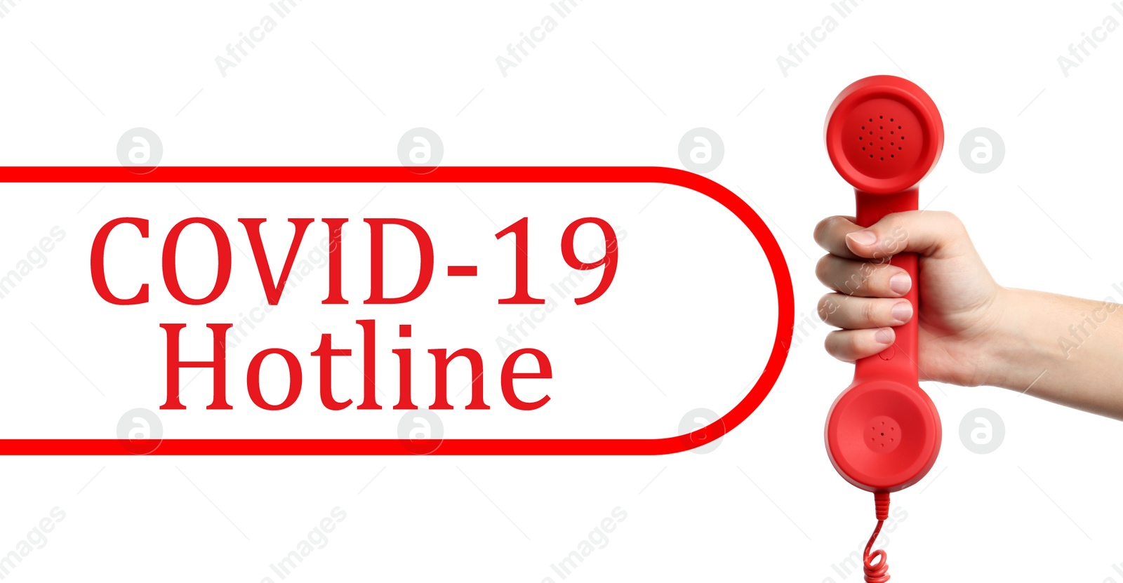Image of Covid-19 Hotline. Woman with red handset and text on white background, closeup